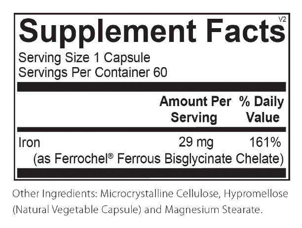 Supplement facts panel showing 29mg of Ferrochel® chelated iron