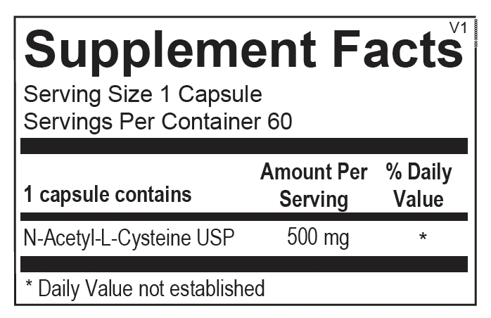 NAC Health 500mg capsule supplement facts label
