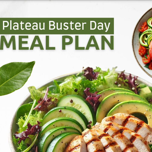Plateau Buster Day Meal Plan with high-protein, low-carb meals including grilled chicken, vegetables, and healthy snacks designed to break weight loss stagnation and boredom