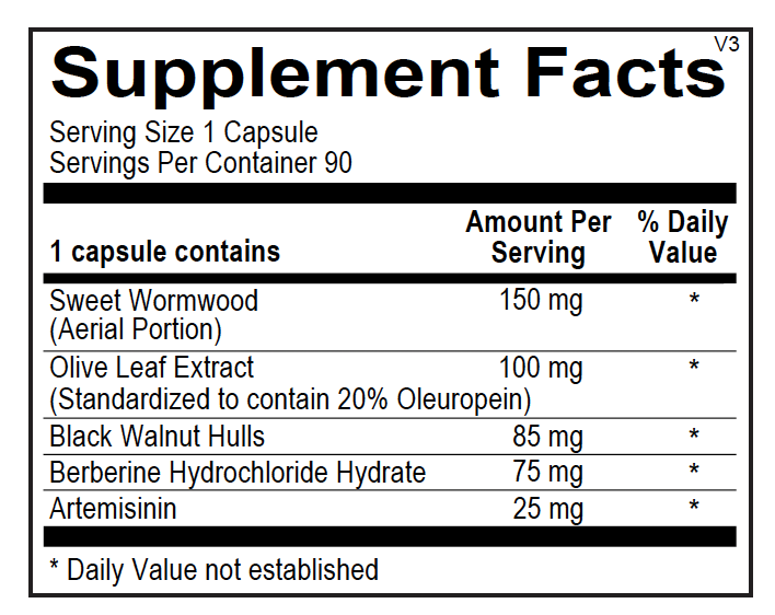Supplement facts label for Para Blend parasite cleanse