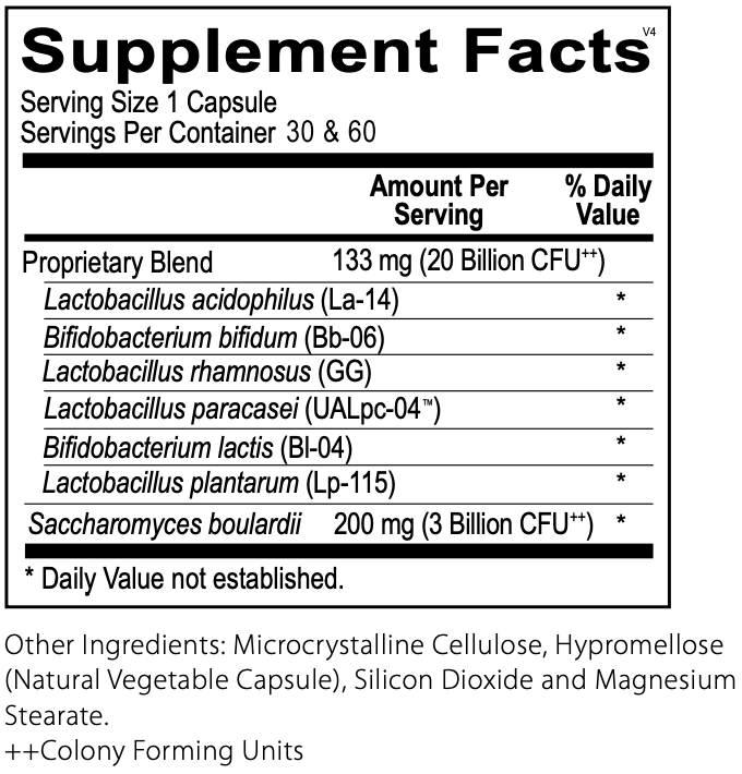 Healthy Gut Supplement Facts label detailing probiotic strains and CFU content