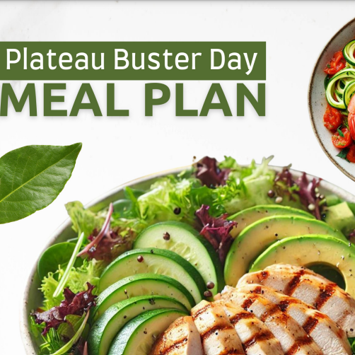 Plateau Buster Day Meal Plan with high-protein, low-carb meals including grilled chicken, vegetables, and healthy snacks designed to break weight loss stagnation and boredom 