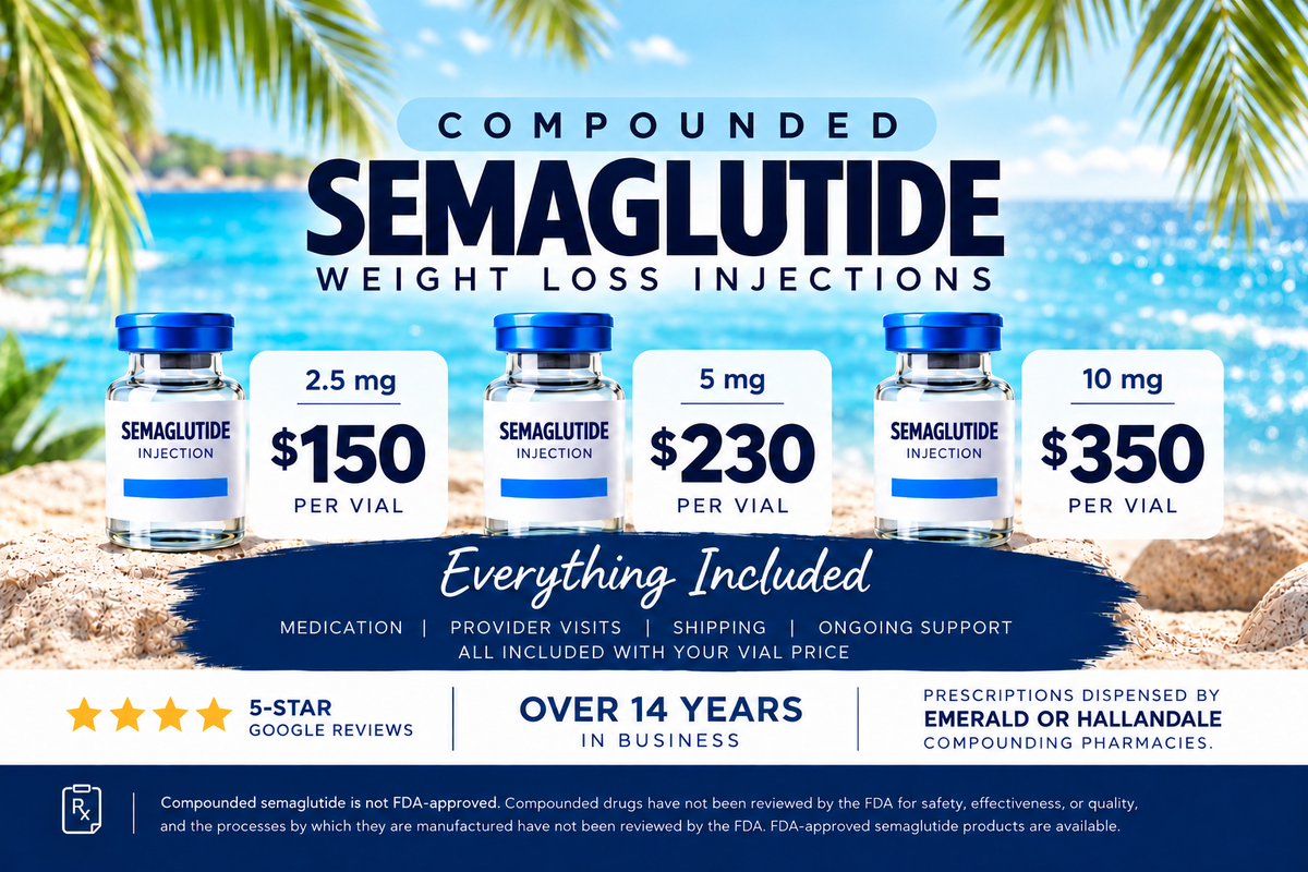 Compounded semaglutide pricing in Florida: 2.5 mg vial $150, 5 mg $230, and 10 mg $350, including visits and shipping.