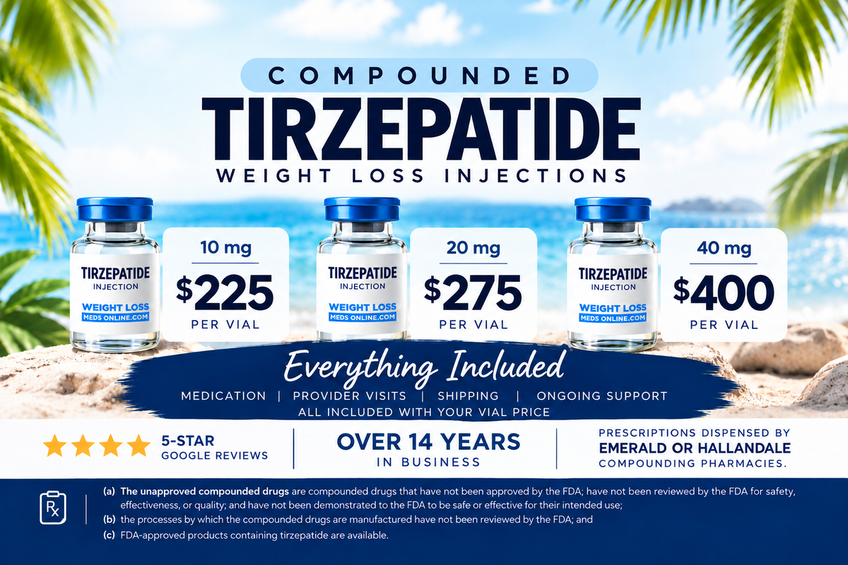 Compounded tirzepatide pricing in Florida: 10 mg vial $225, 20 mg $275, and 40 mg $400, including visits and shipping.